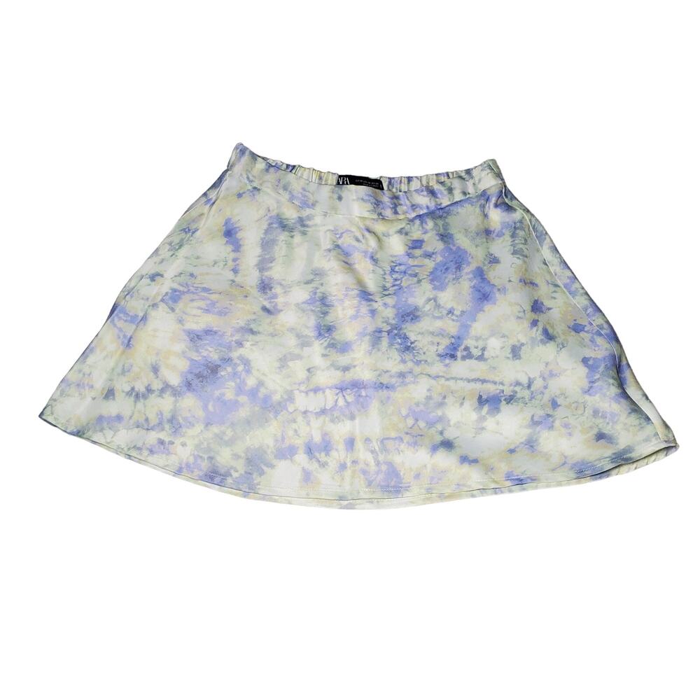 🔥 Zara XS Purple Lilac Yellow White Tie Dye Mini Skirt Satin Viscose Silky - Picture 3 of 15